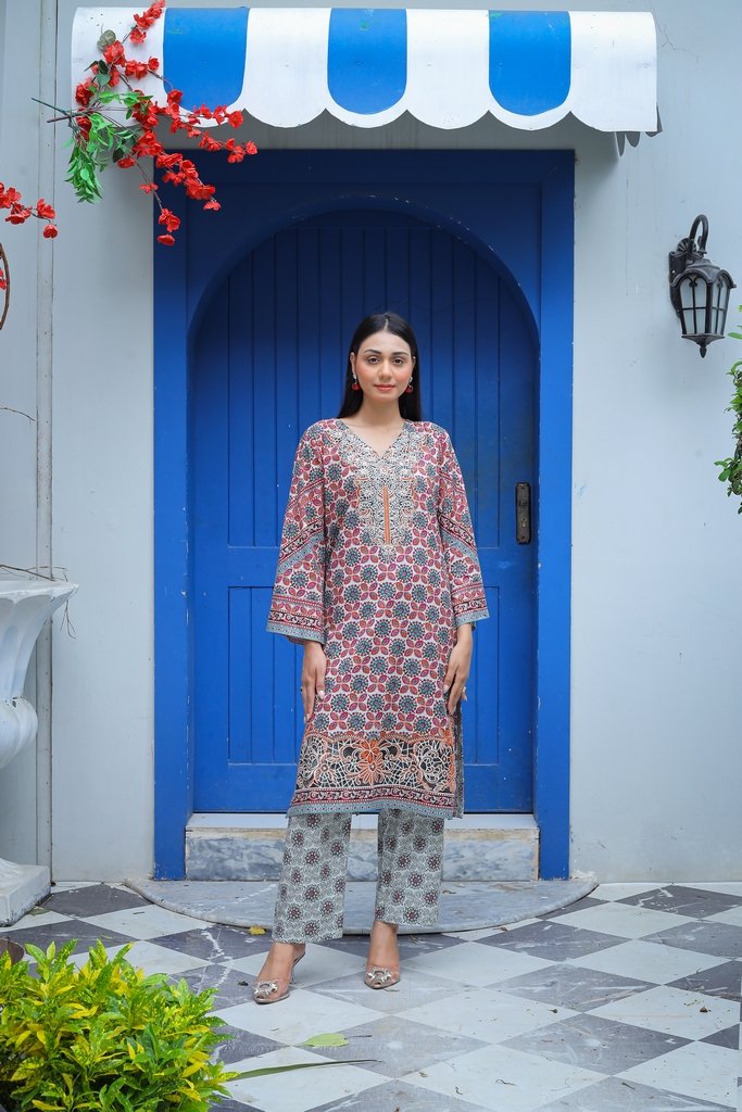 Pure Cotton Lawn Embroidered 2 Piece Suit – Rust Floral