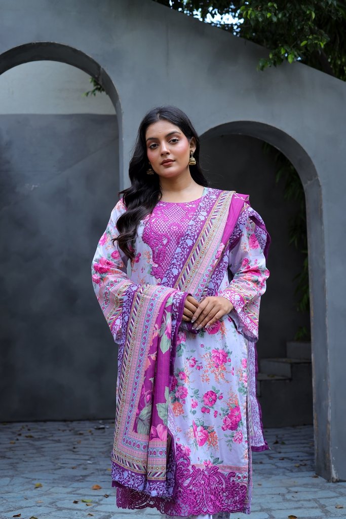 Pure Cotton Lawn Embroidered 3 Piece Suit – Lilac Blossom