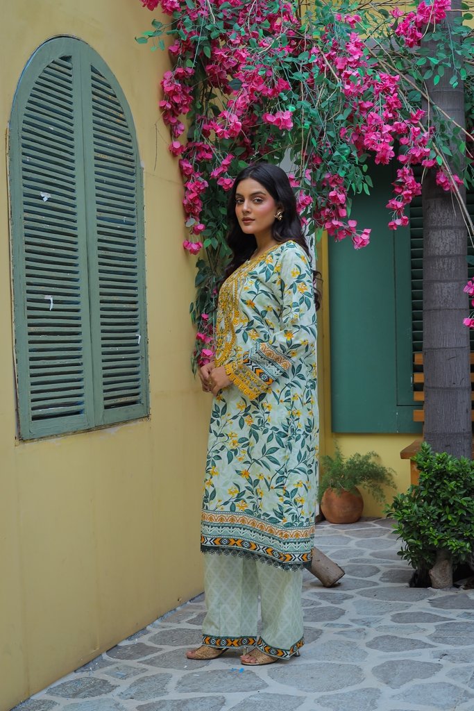 Pure Cotton Lawn Embroidered 2 Piece Suit – Sage Green Floral