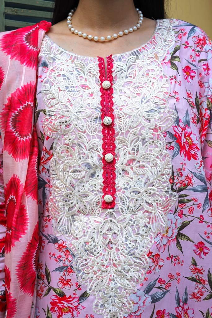 Pure Cotton Lawn Embroidered 3 Piece Suit – Rose Blossom