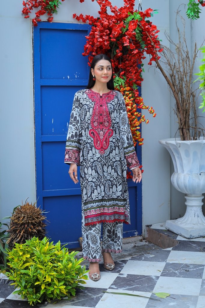 Pure Cotton Lawn Embroidered 2 Piece Suit – Black Paisley