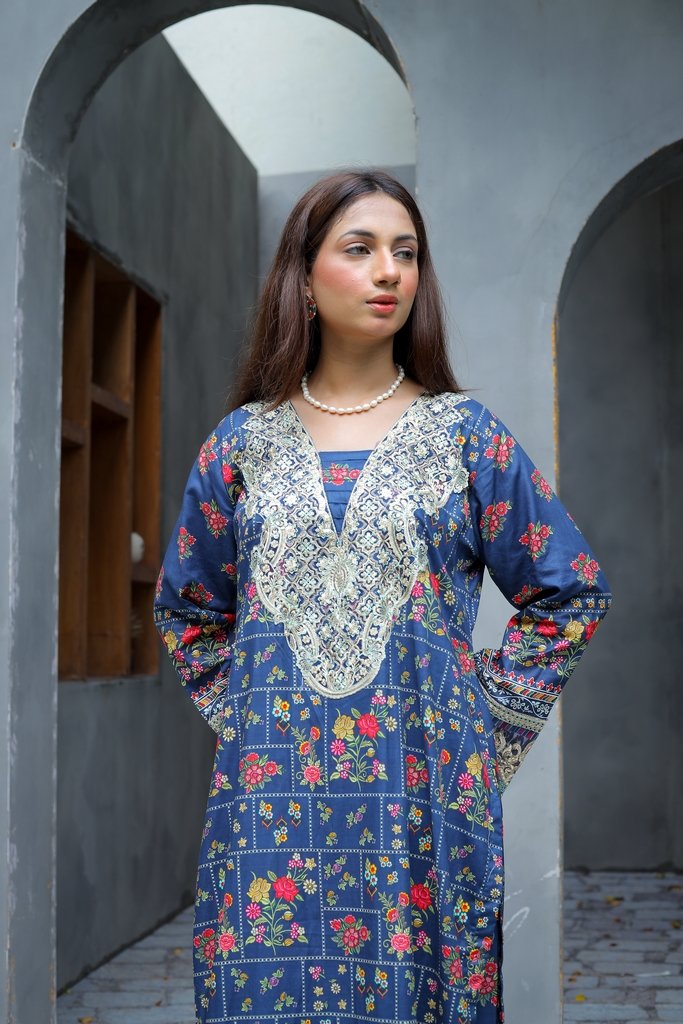 Pure Cotton Lawn Embroidered 3 Piece Suit – Blue Meadow