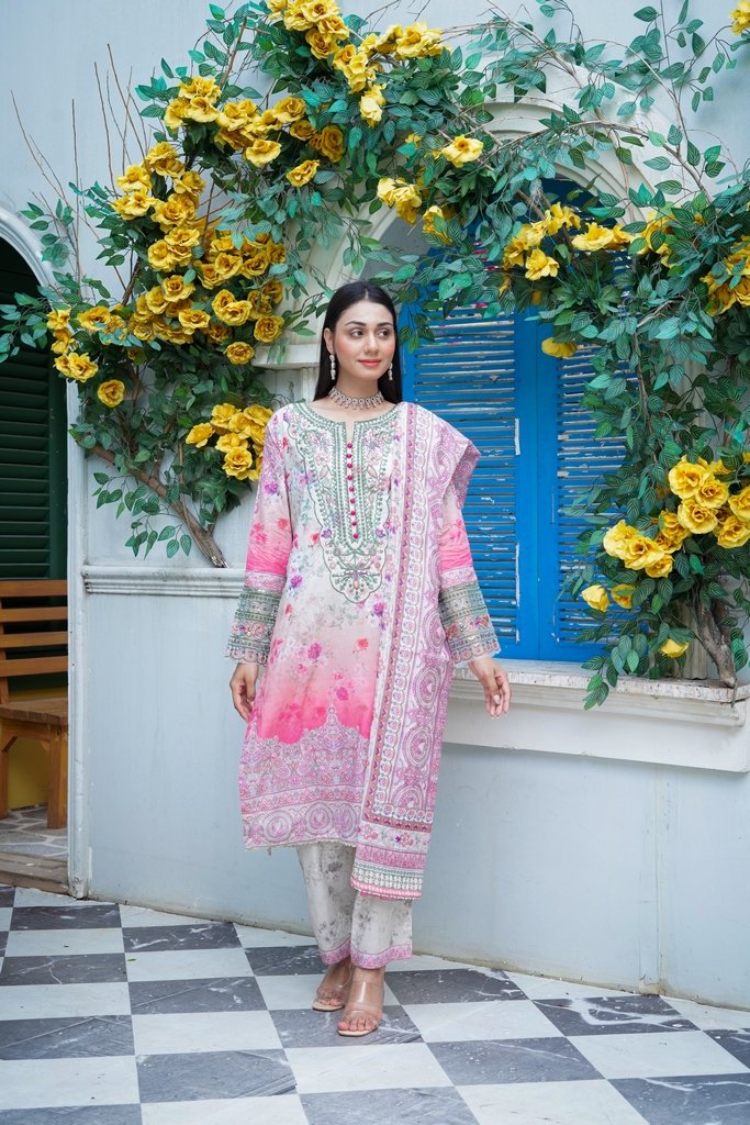 Pure Cotton Lawn Embroidered 3 Piece Suit – Blush Petal